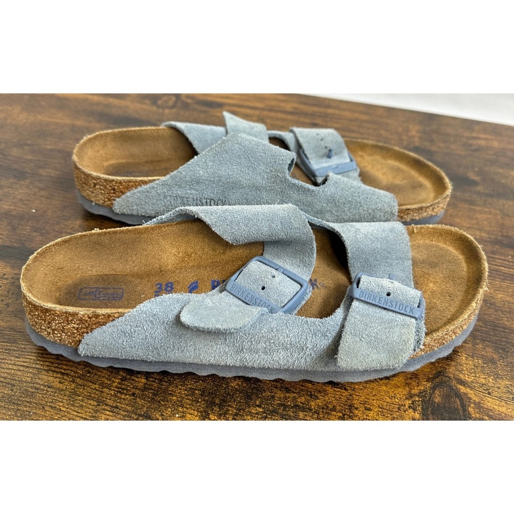 Birkenstock Arizona Soft Footbed Suede Sandals Buckle Blue Slides Size 38 L7 M9 - Picture 11 of 14